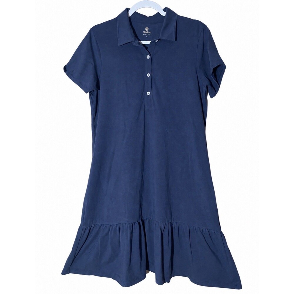 Spartina Dress L Navy Blue Cotton Polo Drop Waist Ruffle Hem Preppy Resort Golf
